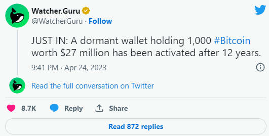 Un Bitcoin Whale ha spostato milioni dopo 12 anni di inattività