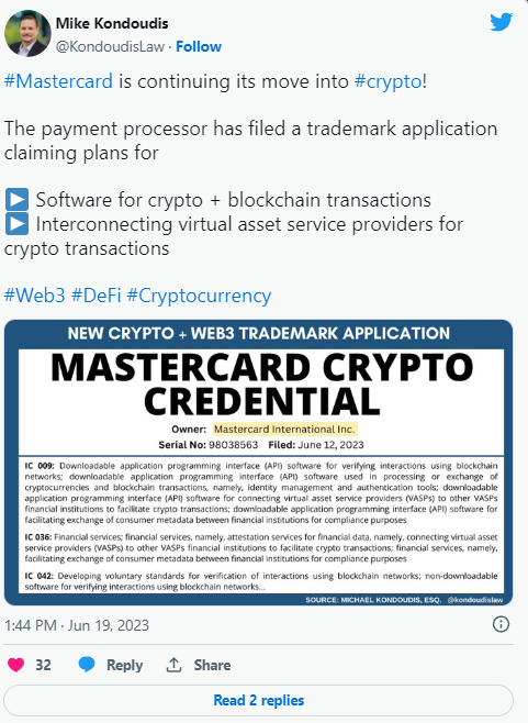 Mastercard rafforza la sua presenza nel settore delle criptovalute attraverso una nuova domanda di registrazione del marchio