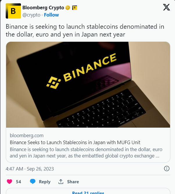 Giappone: Binance prevede di lanciare stablecoin legate al dollaro, al yen e all'euro nel 2024