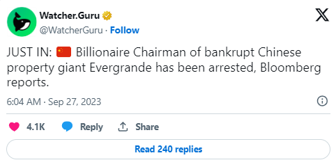 Cina: Arrestato il miliardario presidente di Evergrande