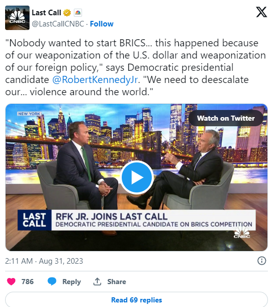 Candidato presidenziale RFK Jr.: Il dollaro statunitense weaponizzato ha creato i BRICS