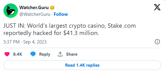 Il Crypto Casino Stake.com sarebbe stato apparentemente hackerato per 41,3 milioni di dollari