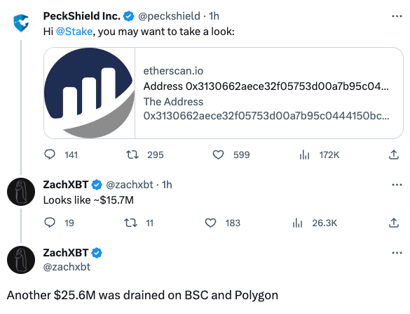 Il Crypto Casino Stake.com sarebbe stato apparentemente hackerato per 41,3 milioni di dollari